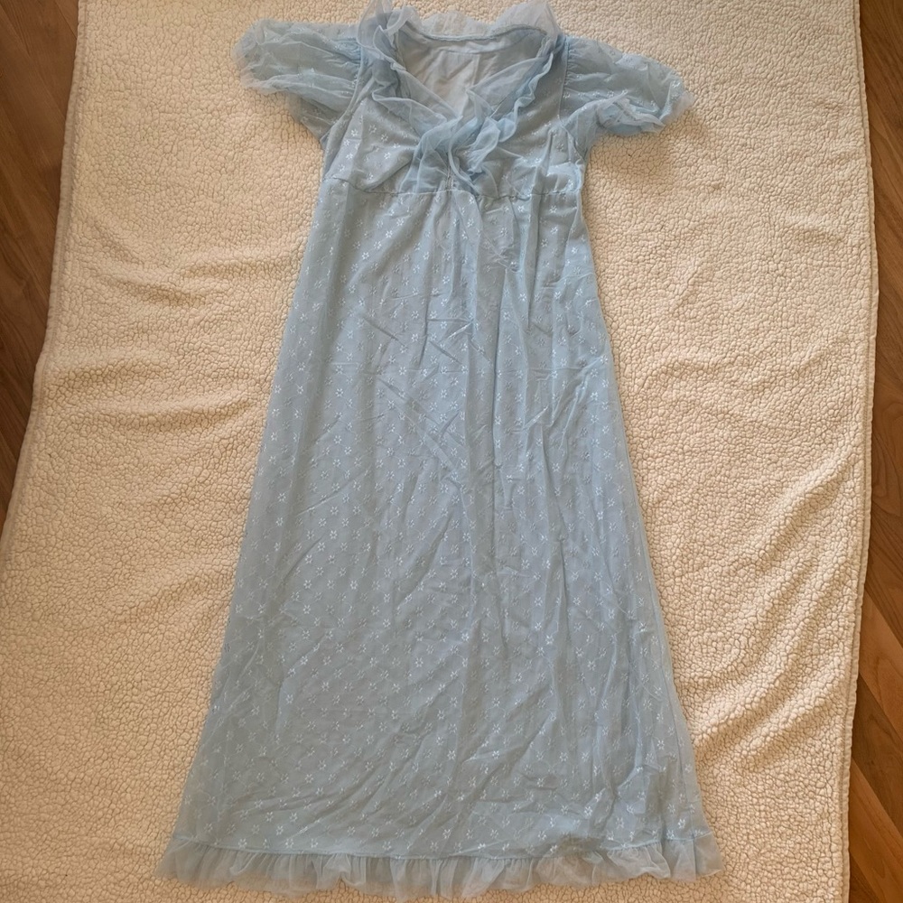 Vintage Handmade Light Blue Chiffon Floral Embroidery Maxi Dress